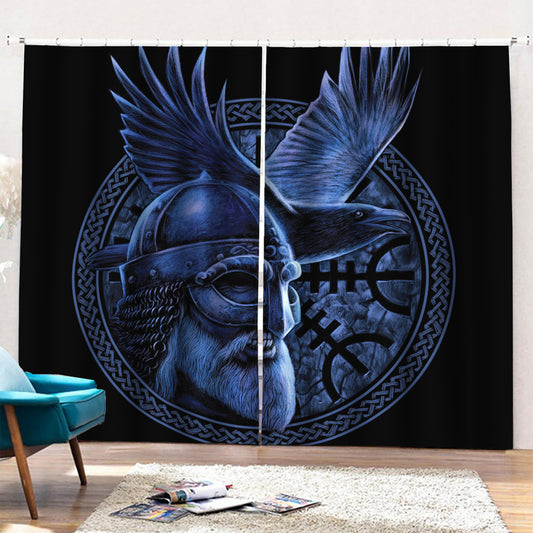Blue Viking God Odin And Crow Print Pencil Pleat Curtains