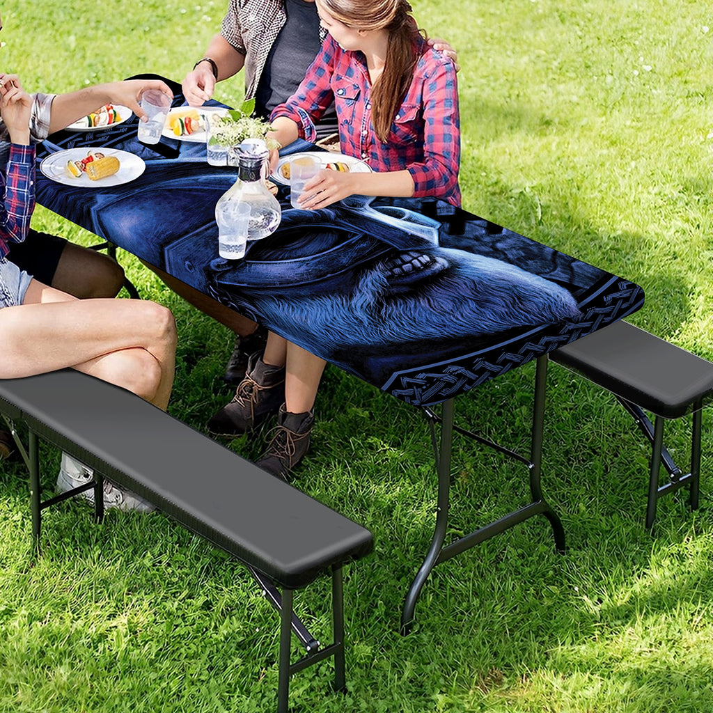 Blue Viking God Odin And Crow Print Picnic Table Cover
