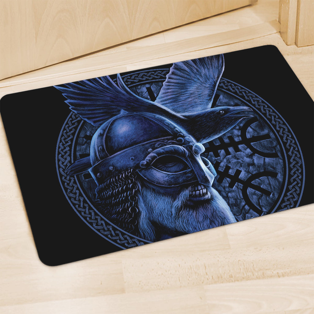 Blue Viking God Odin And Crow Print Polyester Doormat