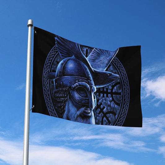 Blue Viking God Odin And Crow Print Polyester Flag