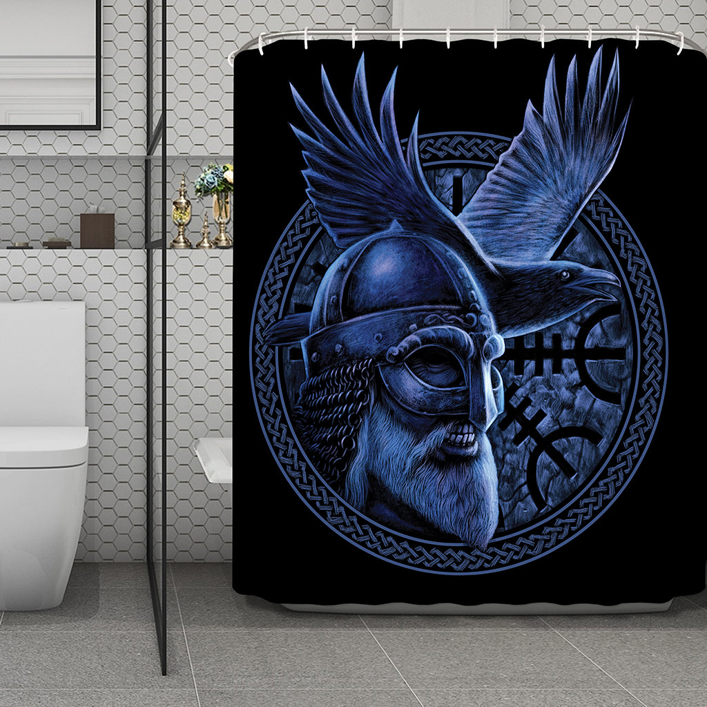 Blue Viking God Odin And Crow Print Polyester Shower Curtain