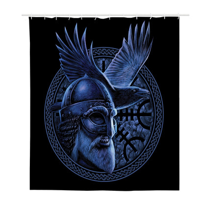 Blue Viking God Odin And Crow Print Polyester Shower Curtain