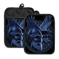 Blue Viking God Odin And Crow Print Pot Holders With Pocket