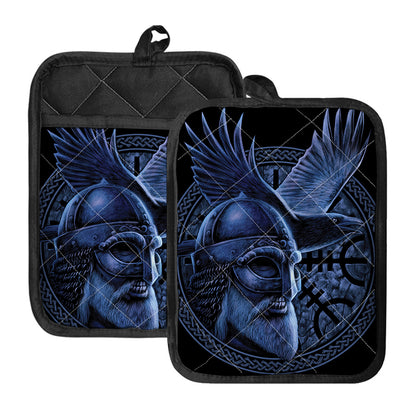 Blue Viking God Odin And Crow Print Pot Holders With Pocket
