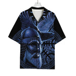 Blue Viking God Odin And Crow Print Rayon Hawaiian Shirt