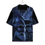 Blue Viking God Odin And Crow Print Rayon Hawaiian Shirt