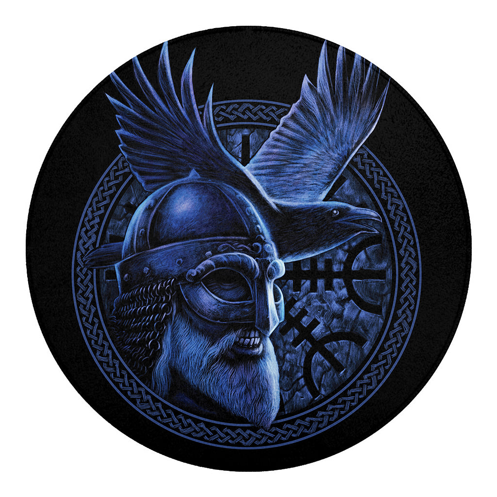Blue Viking God Odin And Crow Print Round Blanket