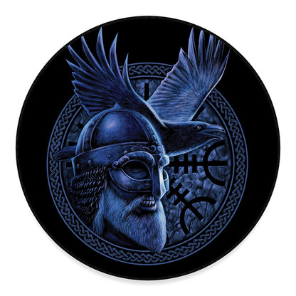 Blue Viking God Odin And Crow Print Round Floor Mat