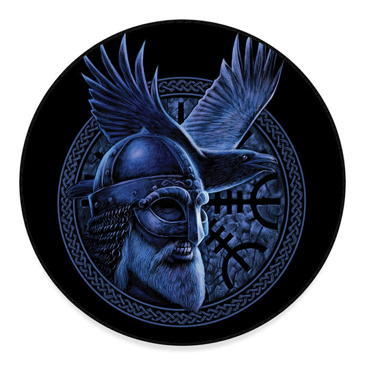 Blue Viking God Odin And Crow Print Round Floor Mat