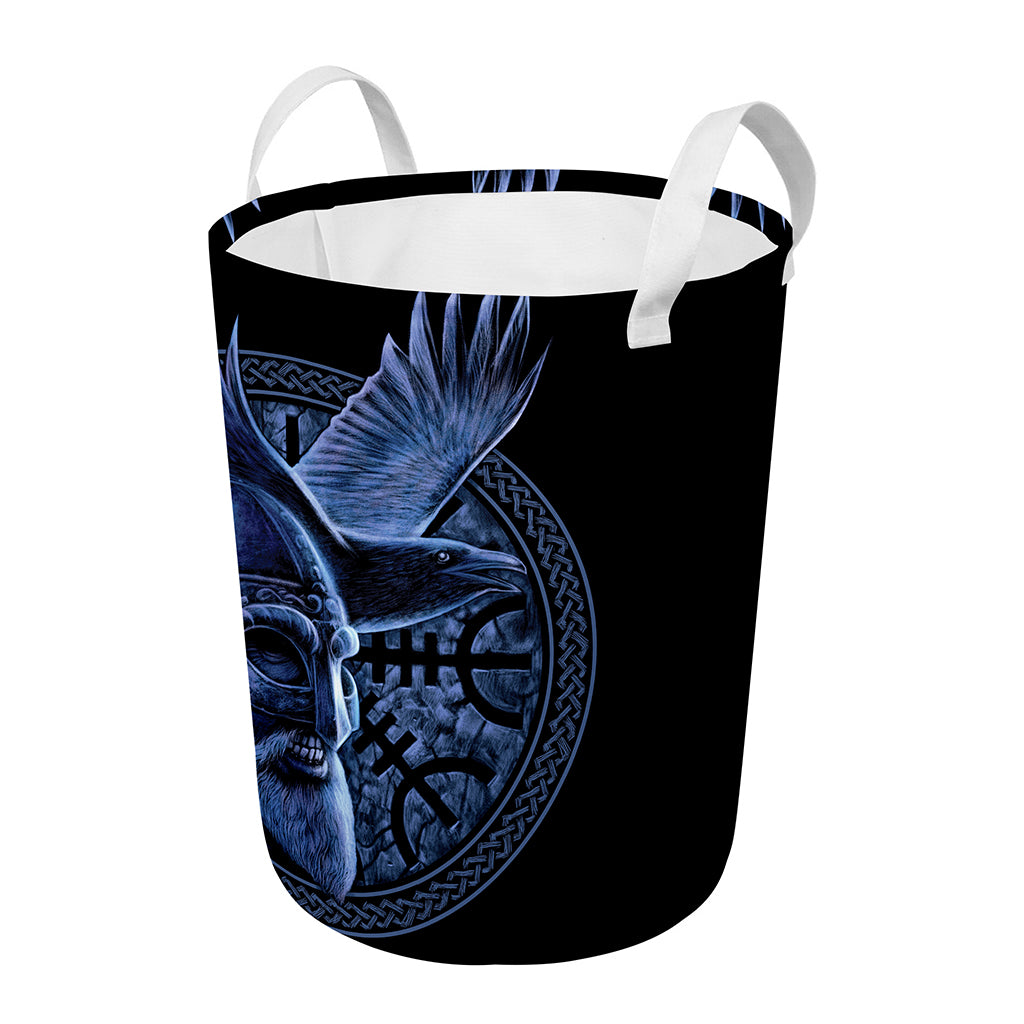 Blue Viking God Odin And Crow Print Round Laundry Basket
