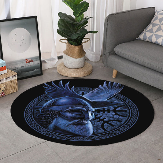 Blue Viking God Odin And Crow Print Round Rug