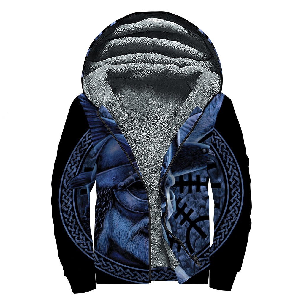 Blue Viking God Odin And Crow Print Sherpa Lined Zip Up Hoodie
