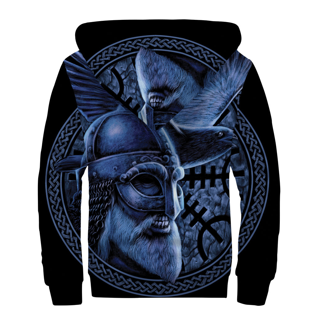 Blue Viking God Odin And Crow Print Sherpa Lined Zip Up Hoodie