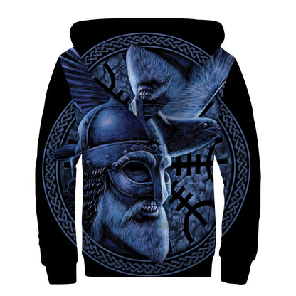 Blue Viking God Odin And Crow Print Sherpa Lined Zip Up Hoodie