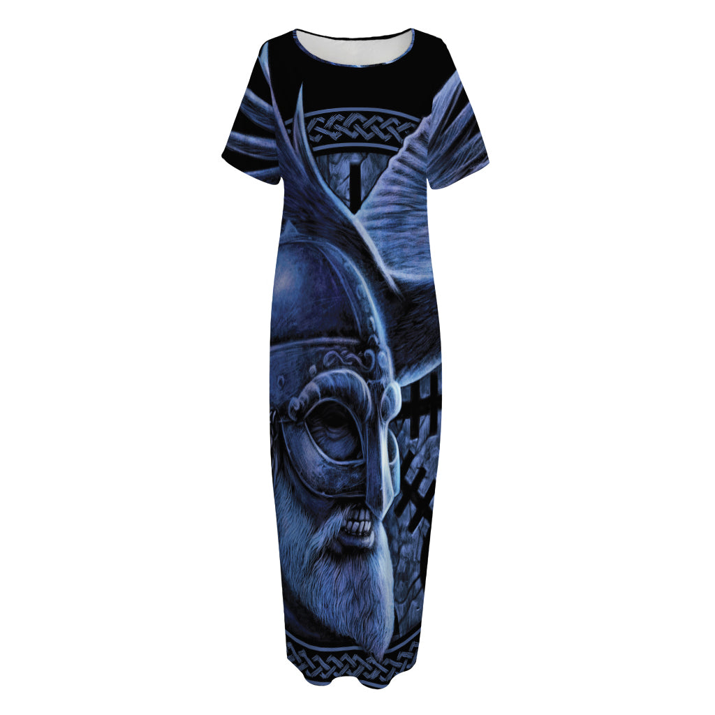Blue Viking God Odin And Crow Print Short Sleeve Long Nightdress