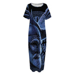 Blue Viking God Odin And Crow Print Short Sleeve Long Nightdress