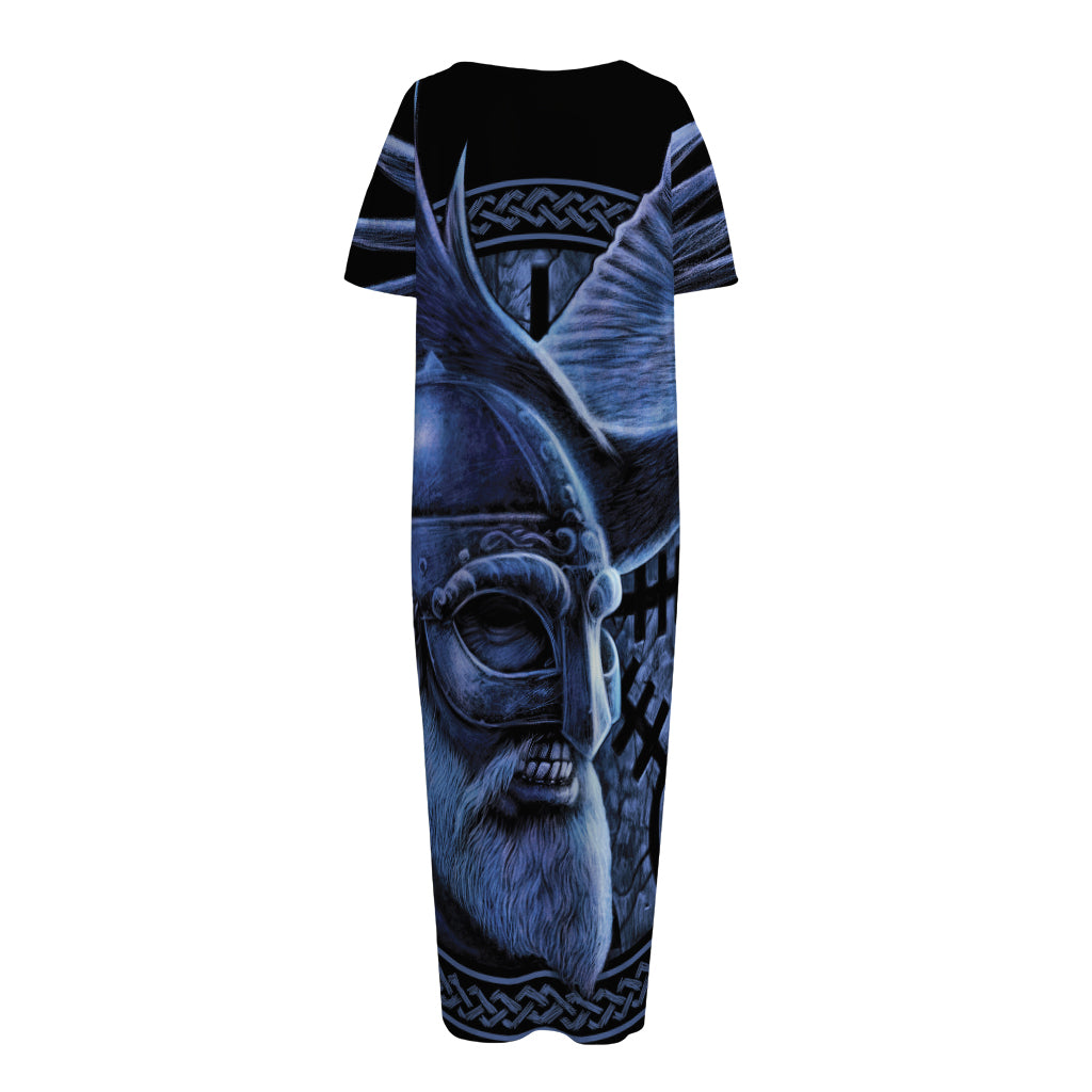 Blue Viking God Odin And Crow Print Short Sleeve Long Nightdress
