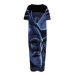 Blue Viking God Odin And Crow Print Short Sleeve Long Nightdress