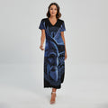Blue Viking God Odin And Crow Print Short Sleeve Maxi Dress