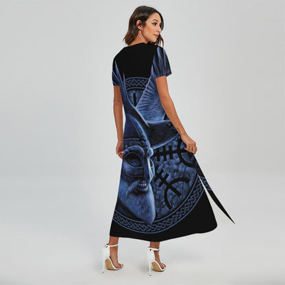 Blue Viking God Odin And Crow Print Short Sleeve Maxi Dress