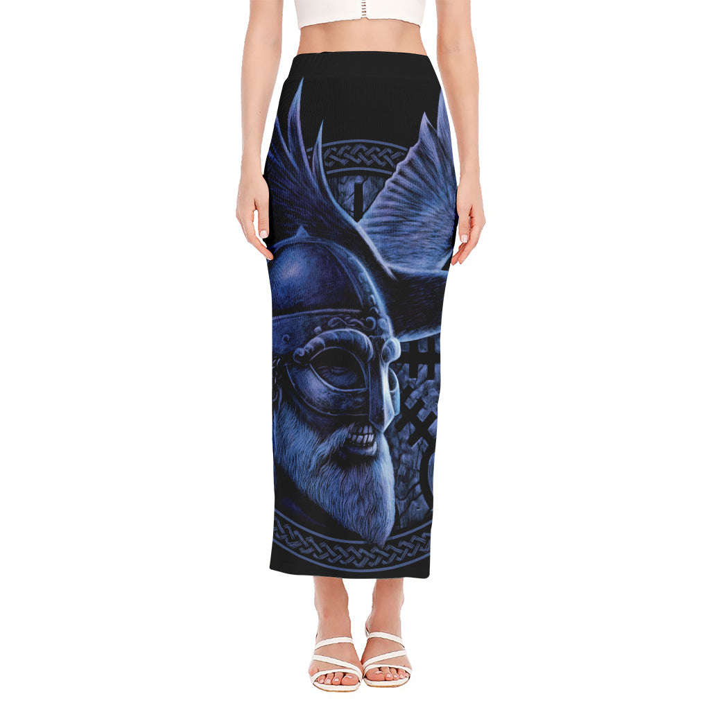 Blue Viking God Odin And Crow Print Side Slit Maxi Skirt
