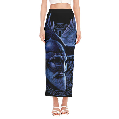 Blue Viking God Odin And Crow Print Side Slit Maxi Skirt