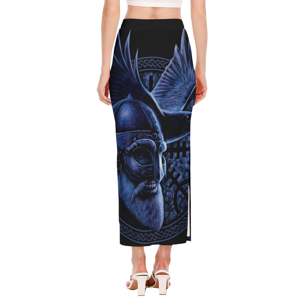 Blue Viking God Odin And Crow Print Side Slit Maxi Skirt