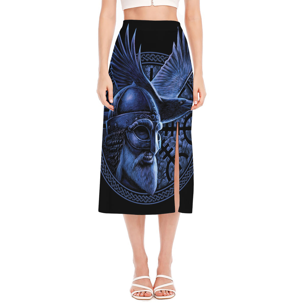Blue Viking God Odin And Crow Print Side Slit Midi Skirt