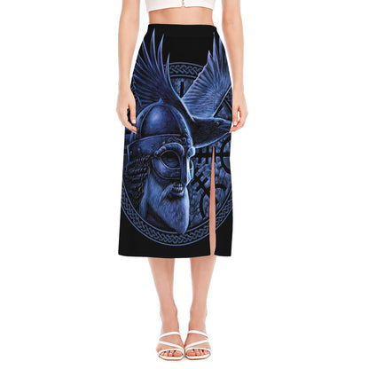Blue Viking God Odin And Crow Print Side Slit Midi Skirt