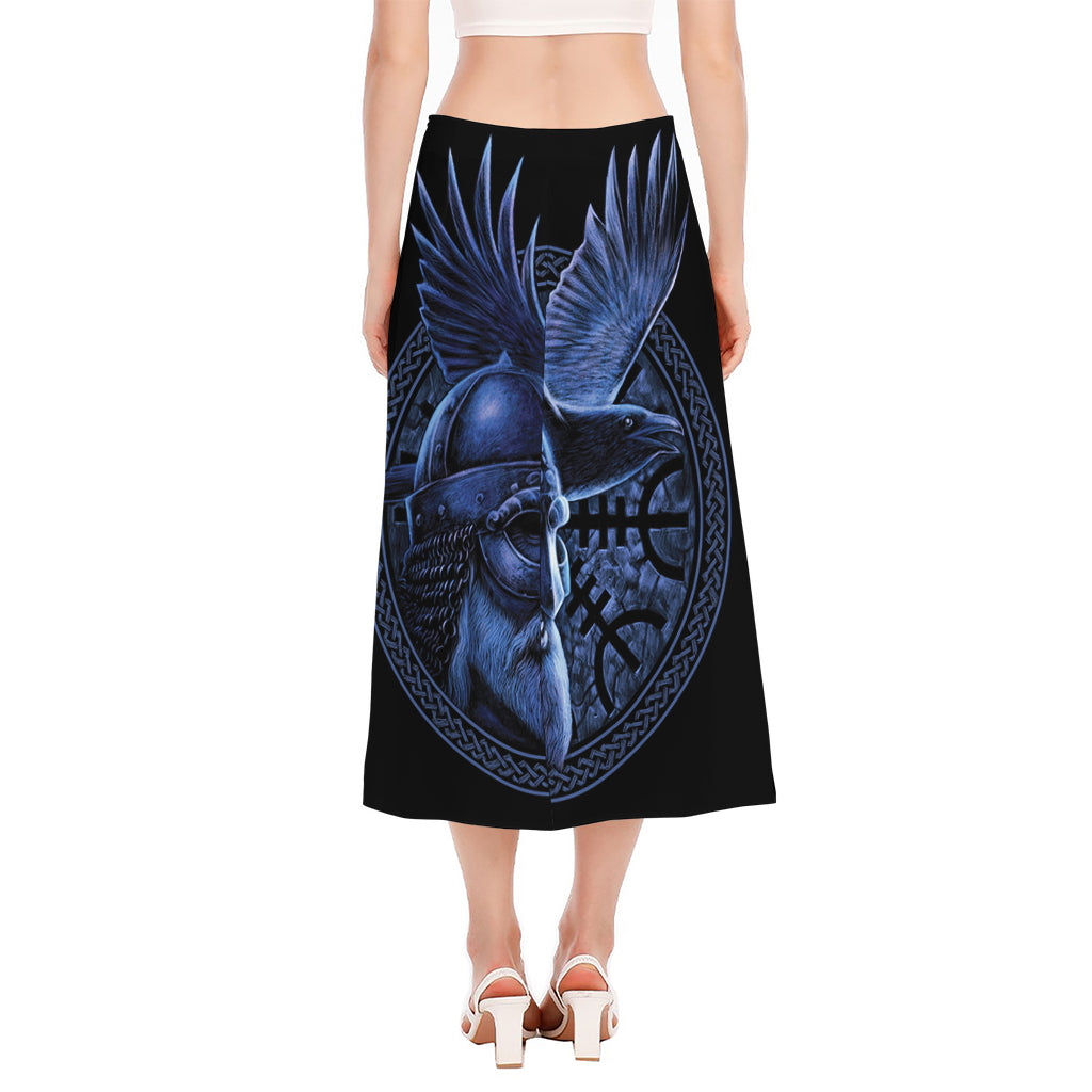 Blue Viking God Odin And Crow Print Side Slit Midi Skirt