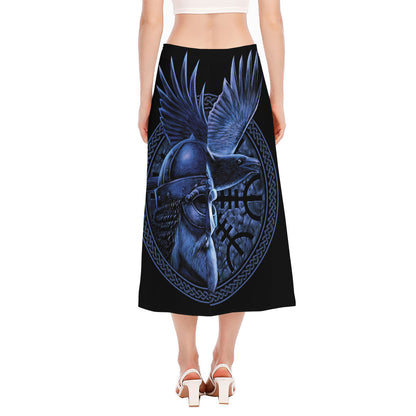 Blue Viking God Odin And Crow Print Side Slit Midi Skirt