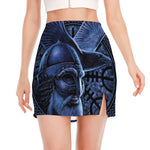 Blue Viking God Odin And Crow Print Side Slit Mini Skirt