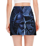 Blue Viking God Odin And Crow Print Side Slit Mini Skirt