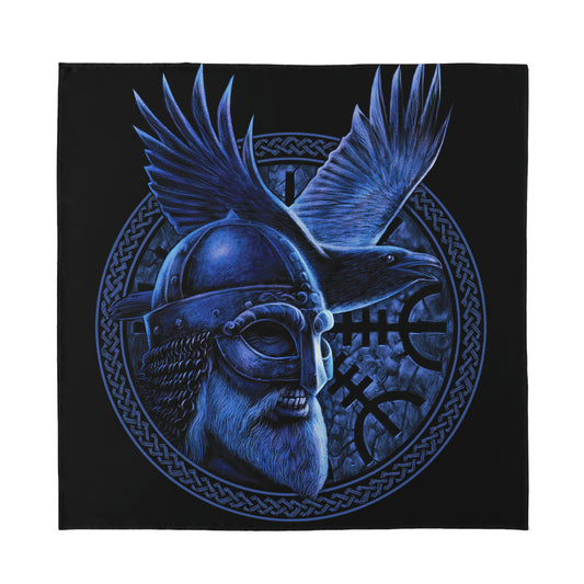 Blue Viking God Odin And Crow Print Silk Bandana