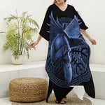 Blue Viking God Odin And Crow Print Silk V-Neck Kaftan Dress