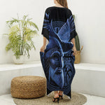 Blue Viking God Odin And Crow Print Silk V-Neck Kaftan Dress