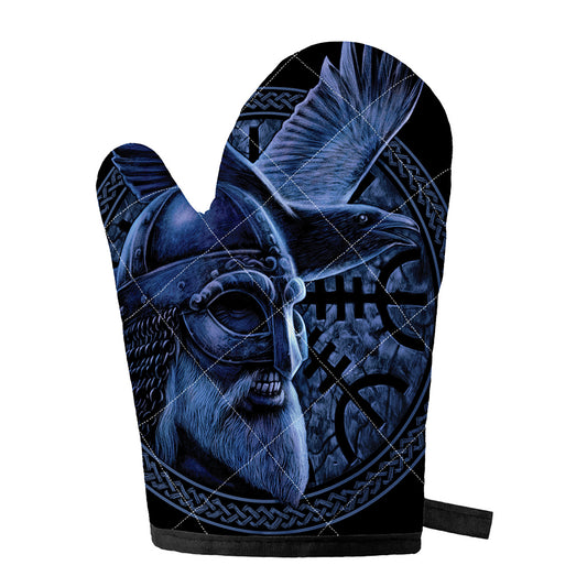 Blue Viking God Odin And Crow Print Single Oven Mitt