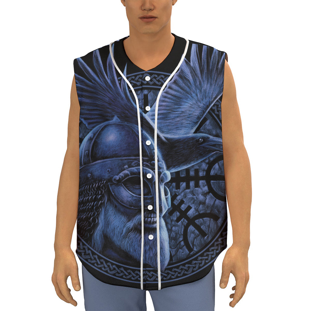 Blue Viking God Odin And Crow Print Sleeveless Baseball Jersey