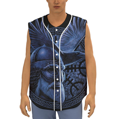 Blue Viking God Odin And Crow Print Sleeveless Baseball Jersey