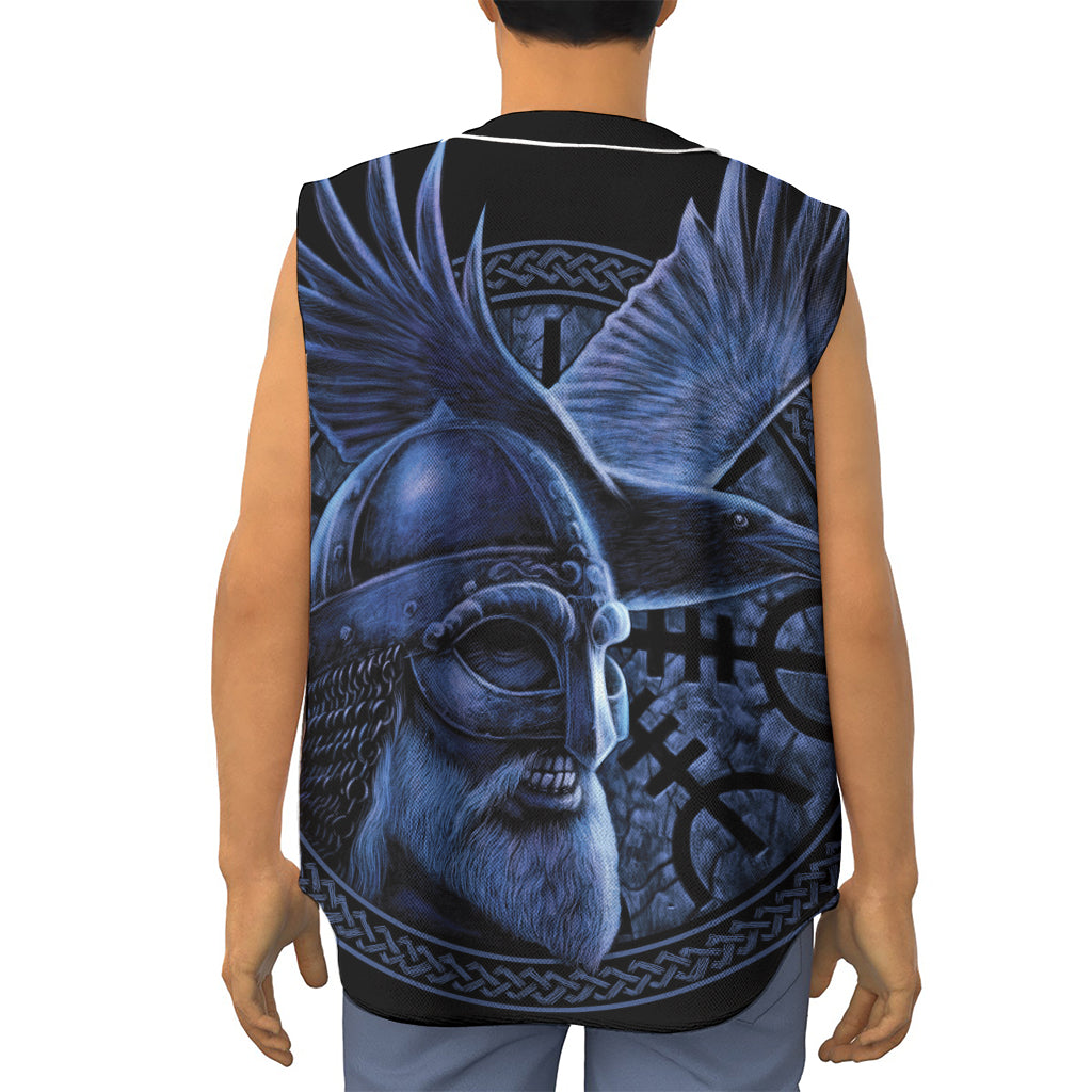 Blue Viking God Odin And Crow Print Sleeveless Baseball Jersey