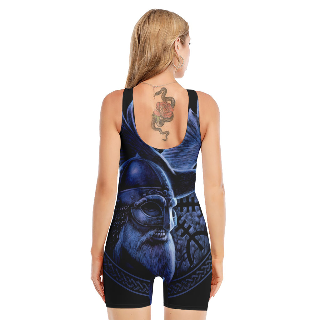 Blue Viking God Odin And Crow Print Sleeveless One Piece Swimsuit