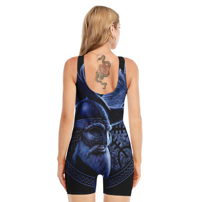 Blue Viking God Odin And Crow Print Sleeveless One Piece Swimsuit