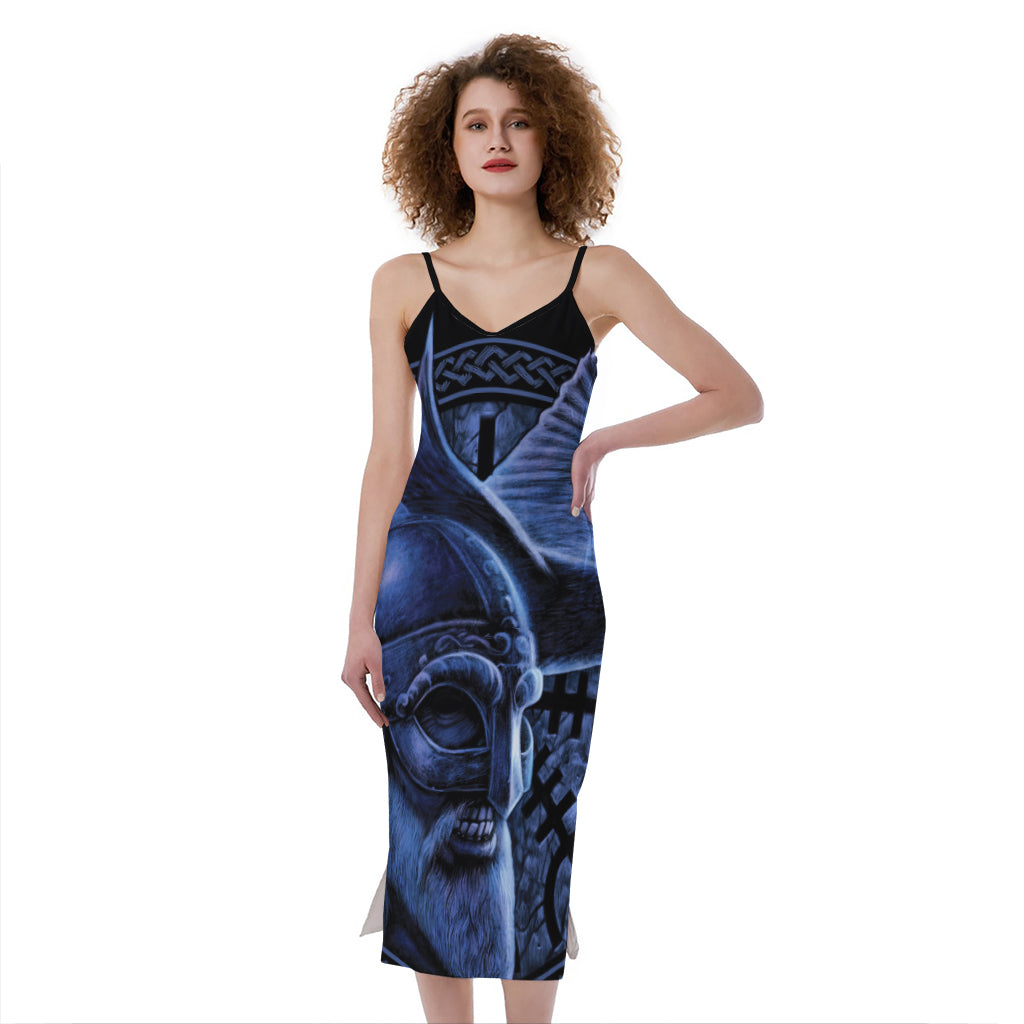 Blue Viking God Odin And Crow Print Slim Fit Midi Cami Dress
