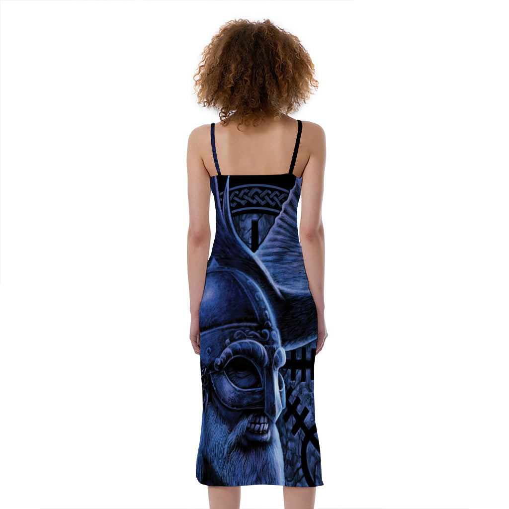 Blue Viking God Odin And Crow Print Slim Fit Midi Cami Dress