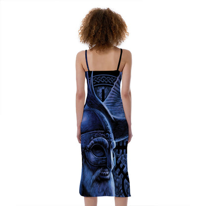 Blue Viking God Odin And Crow Print Slim Fit Midi Cami Dress