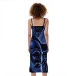 Blue Viking God Odin And Crow Print Slim Fit Midi Cami Dress