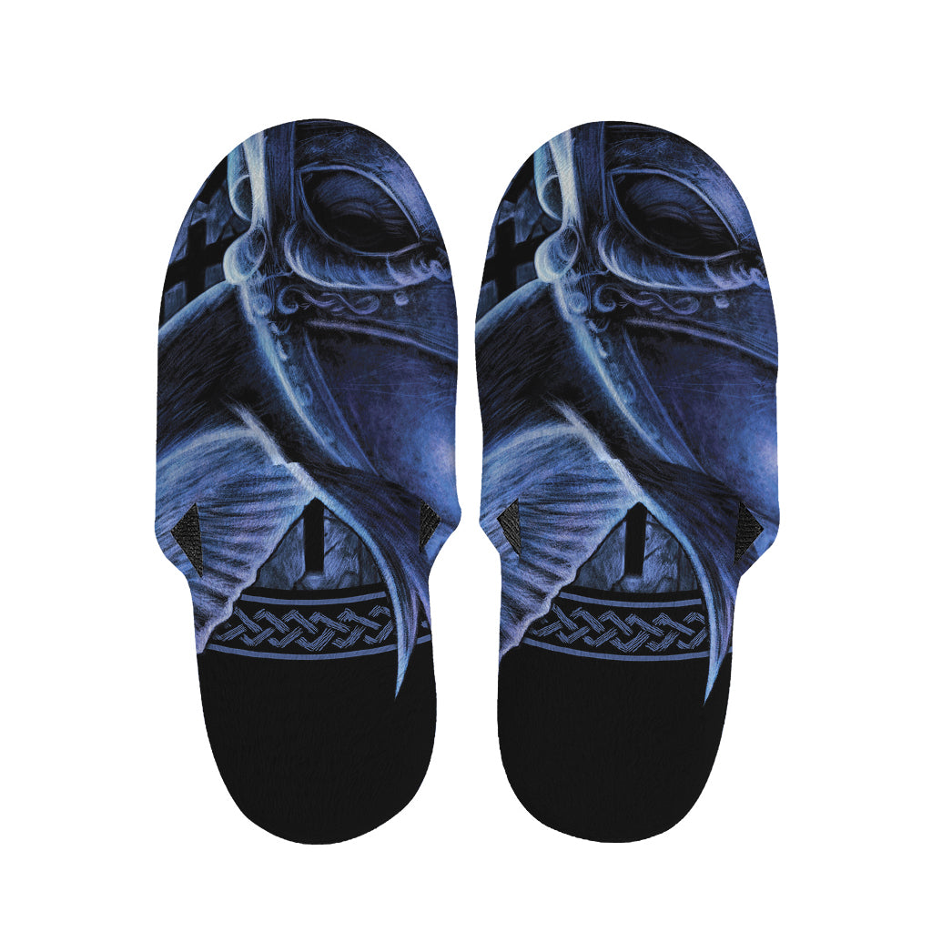 Blue Viking God Odin And Crow Print Slippers