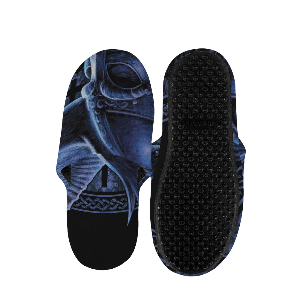Blue Viking God Odin And Crow Print Slippers