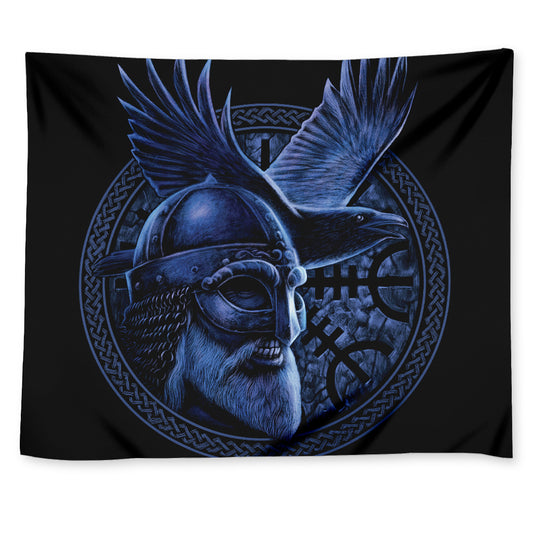 Blue Viking God Odin And Crow Print Tapestry