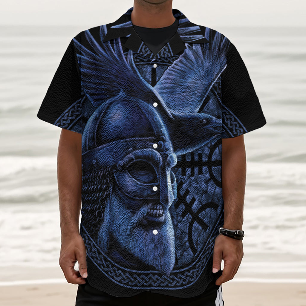 Blue Viking God Odin And Crow Print Textured Short Sleeve Shirt